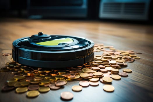 A robot vacuum cleaner is cleaning up scraps of coin on the living room floor. Generative AI.