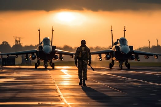 Pilot walking along the runway lighting in the background of a fighter Generative AI.