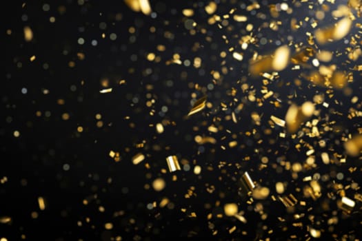 Luxurious black backdrop with a cascade of golden confetti, ideal for upscale event announcements, glamorous product launches, and sophisticated advertising. Festive blurred background. Generative AI