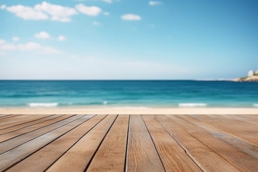 Wooden deck floor on the background of the sea and blue sky background. Generative AI.