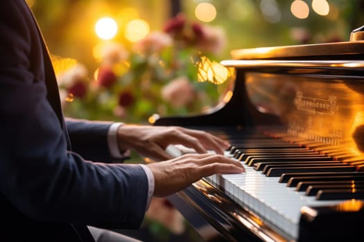 Photo of male hands of a person playing the piano bokeh lights in the background. Generative AI.