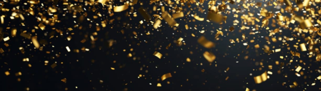 Luxurious black backdrop with a cascade of golden confetti, ideal for upscale event announcements, glamorous product launches, and sophisticated advertising. Festive blurred background. Generative AI