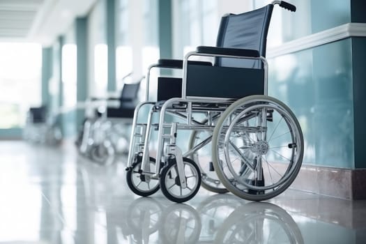 Wheelchairs waiting for patient services. with light copy space on left area. Generative AI.