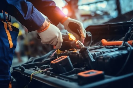 Technician check the electrical system inside the car. Generative AI.