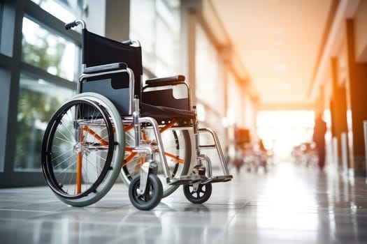 Wheelchairs waiting for patient services. with light copy space on left area. Generative AI.