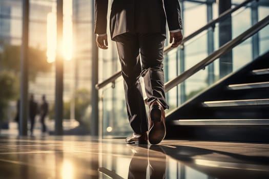 Close up shoes of businessman walking up on stairs into a glass office building. Generative AI.