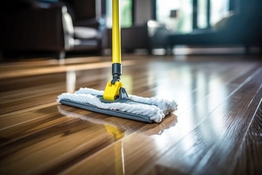 Floor cleaning with mob and cleanser foam. Cleaning tools on parquet floor. Generative AI.