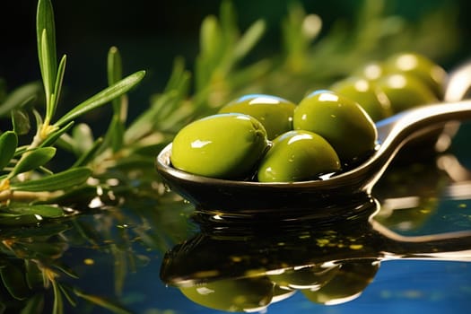 Olives on a spoon on a green background with oil and olive leaves. Generative AI.