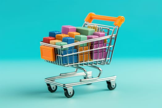 Shopping cart with box inside, bright light colors, colorful background, HD. Generative AI.