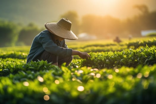 Happy Thai male farmer harvesting rice in countryside Thailand. Generative AI.
