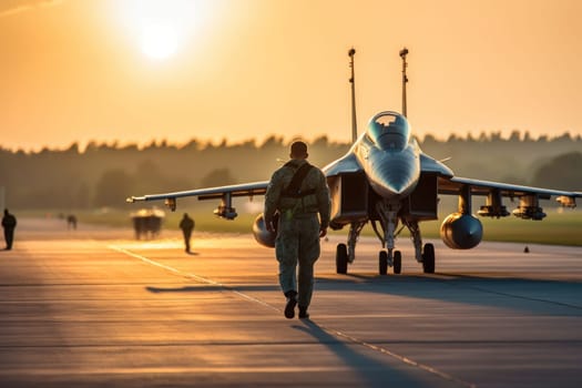 Pilot walking along the runway lighting in the background of a fighter Generative AI.