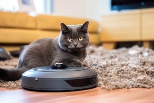 Cat sits on top of a robot vacuum cleaner, cleaning up scraps on the living room floor. Generative AI.