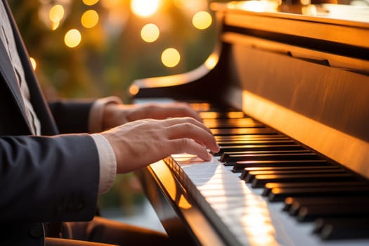 Photo of male hands of a person playing the piano bokeh lights in the background. Generative AI.