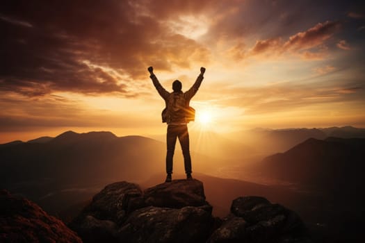 Silhouette stands triumphantly on the mountain top. Raise your arms and make a fist. Generative AI.
