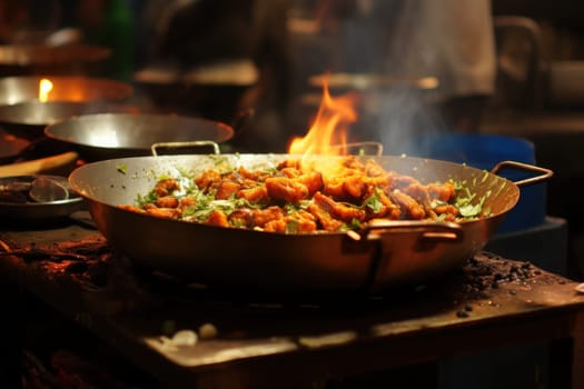 Happy Indian vendor selling streets food in India. Generative AI.