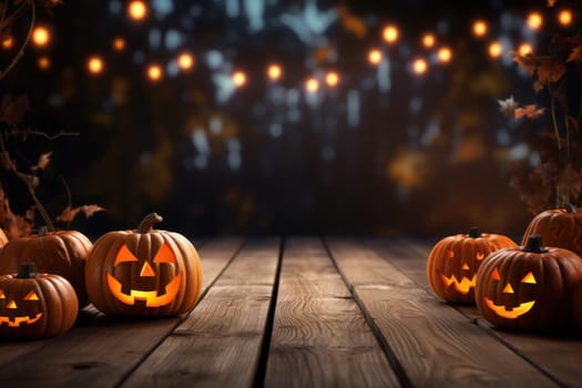 Wooden deck floor on the background of halloween theme background. Generative AI.