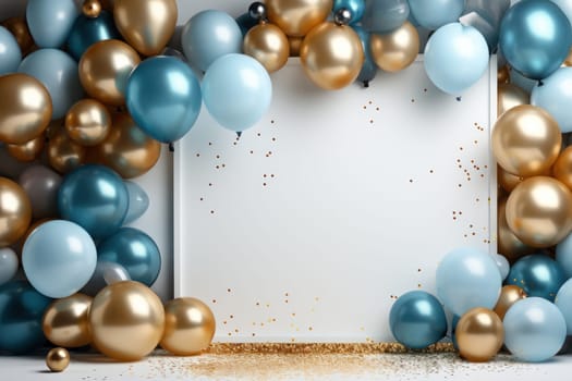 Background with golden and blue balloons center empty space for text. Generative AI.