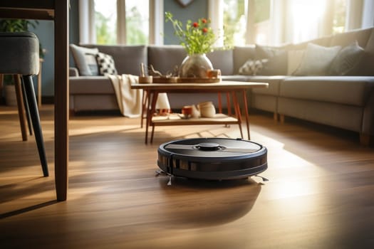 A robot vacuum cleaner is cleaning the living room floor. Generative AI.