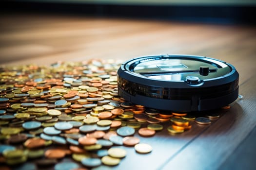 A robot vacuum cleaner is cleaning up scraps of coin on the living room floor. Generative AI.