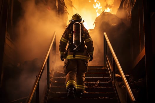 Firefighter in full gear walking up stairway severe fire. Generative AI.
