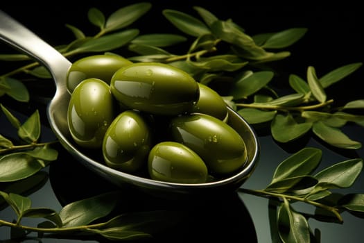 Olives on a spoon on a green background with oil and olive leaves. Generative AI.