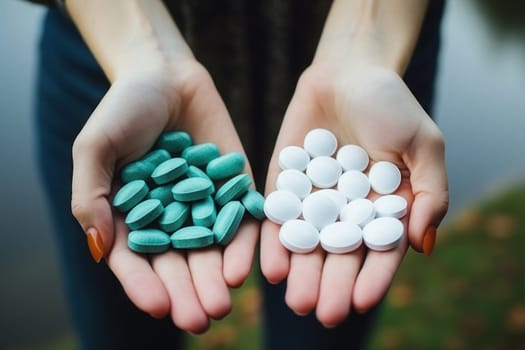 Hands holding white pills dark beige and aquamarine. Generative AI.