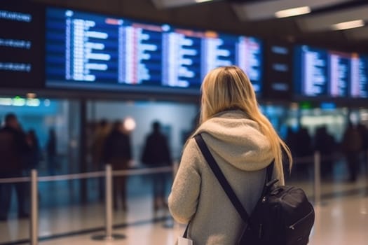 A young woman at an international airport looks at the flight information board. Generative AI.