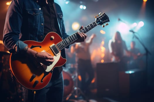 Music band group perform on a concert stage.Guitarist on stage for background. Generative AI.