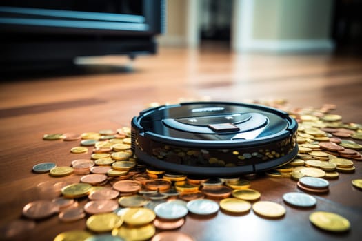 A robot vacuum cleaner is cleaning up scraps of coin on the living room floor. Generative AI.