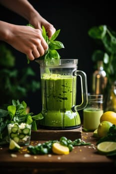 unrecognizable man hands making smoothie using kitchen blender. ai generated