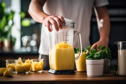 unrecognizable man hands making smoothie using kitchen blender. ai generated