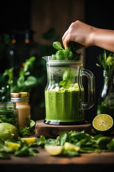 unrecognizable man hands making smoothie using kitchen blender. ai generated