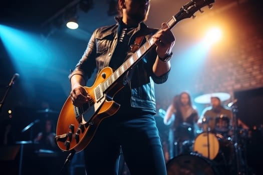 Music band group perform on a concert stage.Guitarist on stage for background. Generative AI.