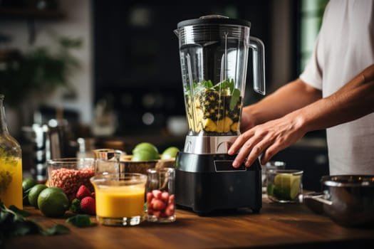 unrecognizable man hands making smoothie using kitchen blender. ai generated