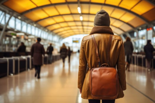 Travel, airport and excited woman. Backpack woman wearing warm clothes waiting for departure in the airport, back view. ai generated