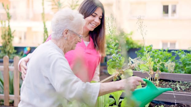 Smiling nurse and senior woman watering plants in the urban garden of a geriatric