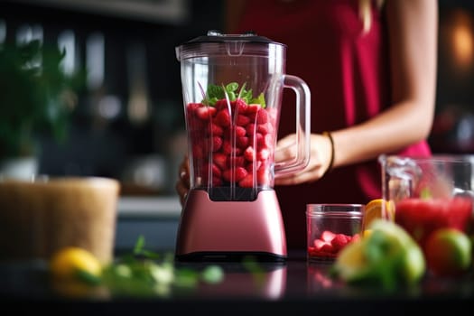 unrecognizable woman making smoothie using kitchen blender. ai generated