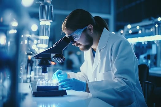 Scientist researcher using microscope in laboratory. Generative AI.