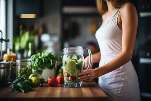 woman making smoothie using kitchen blender. ai generated