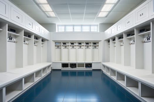 Bright image of football locker room clean and neat. wooden seats. Generative AI.