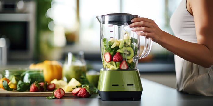 woman making smoothie using kitchen blender. ai generated