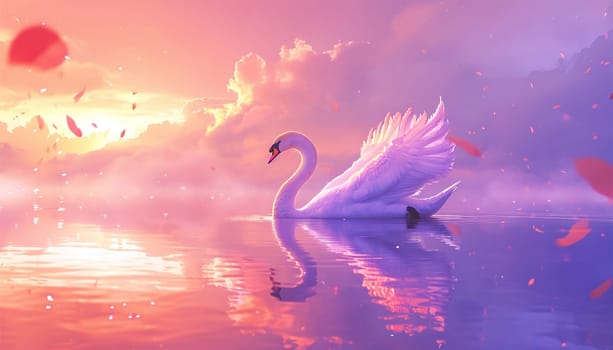 Magical pink sunset landscape with Swan sparkling lights. Swan are swimming in the water,sun light reflect like that sunset. Fairy tale design sparkles