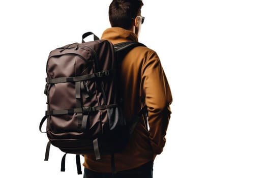 Backpack man wearing warm clothes waiting for departure in the airport, back view isolated on white. ai generated