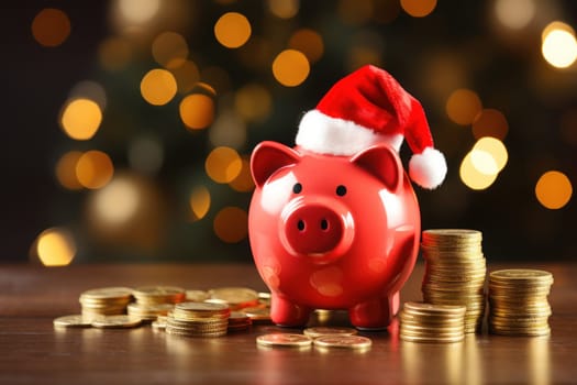 Piggy bank with Santa hat and gift coins on festive background. Generative AI.