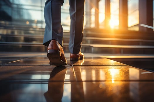 Close up shoes of businessman walking up on stairs into a glass office building. Generative AI.