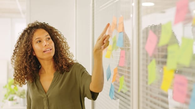 Woman using adhesive notes and pointing one of them to present ideas in a coworking