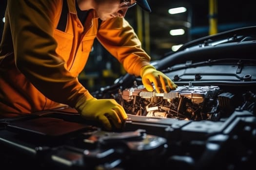 Technician check the electrical system inside the car. Generative AI.