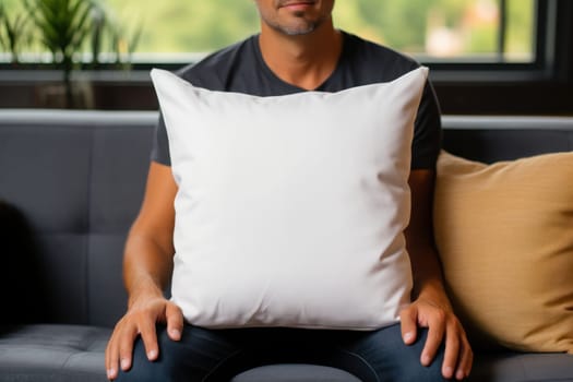 Cool guy holding white blank square polyester pillow mockup. Generative AI.
