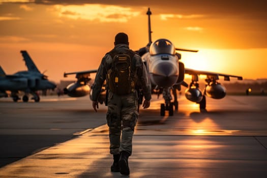 Pilot walking along the runway lighting in the background of a fighter Generative AI.