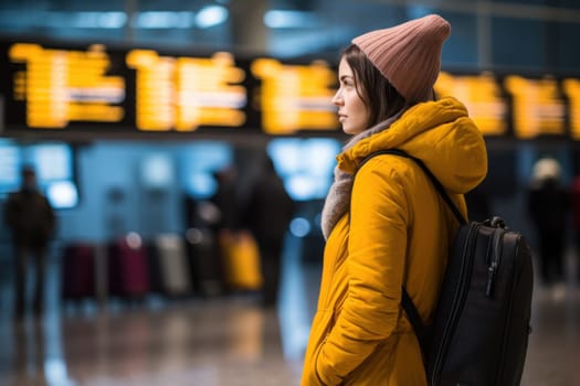 A young woman at an international airport looks at the flight information board. Generative AI.